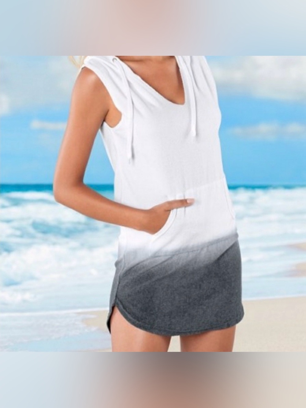 VENUS White-to-Gray Ombré Terry Hooded V-Neck with Pocket Cover-Up NWOTs